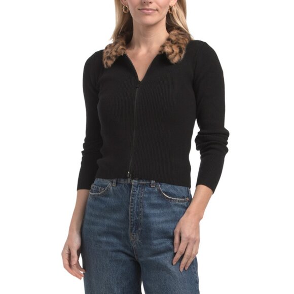 LOVE TREE Black Cheetah Collar Sweater - Picture 1 of 2